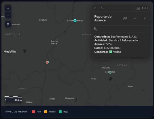 Tablero de control de Terravix con los pasivos ambientales georreferenciados